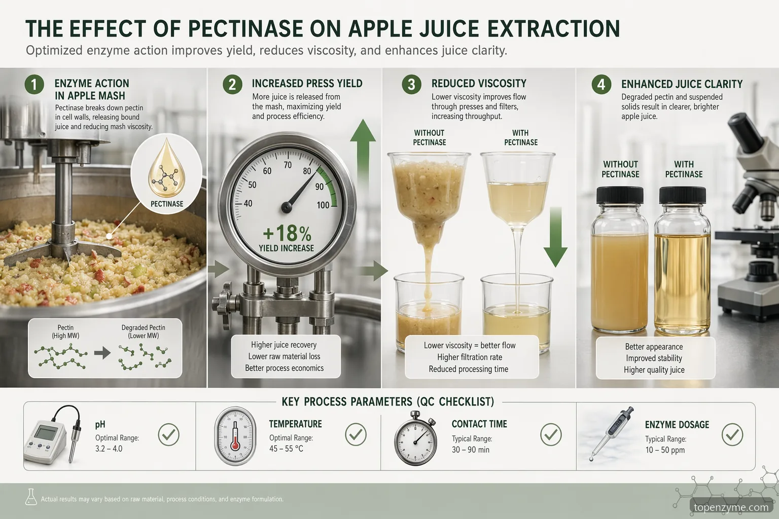 effekt af pectinase på æblejuiceekstraktion, formulering og procesguide med udbytte, viskositet, klarhed og proceskontrol