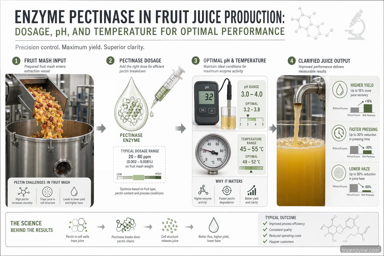 enzyme pectinase frugtjuiceproduktion, infografik med dosering, pH og temperatur samt udbytte, klarhed og filtrering