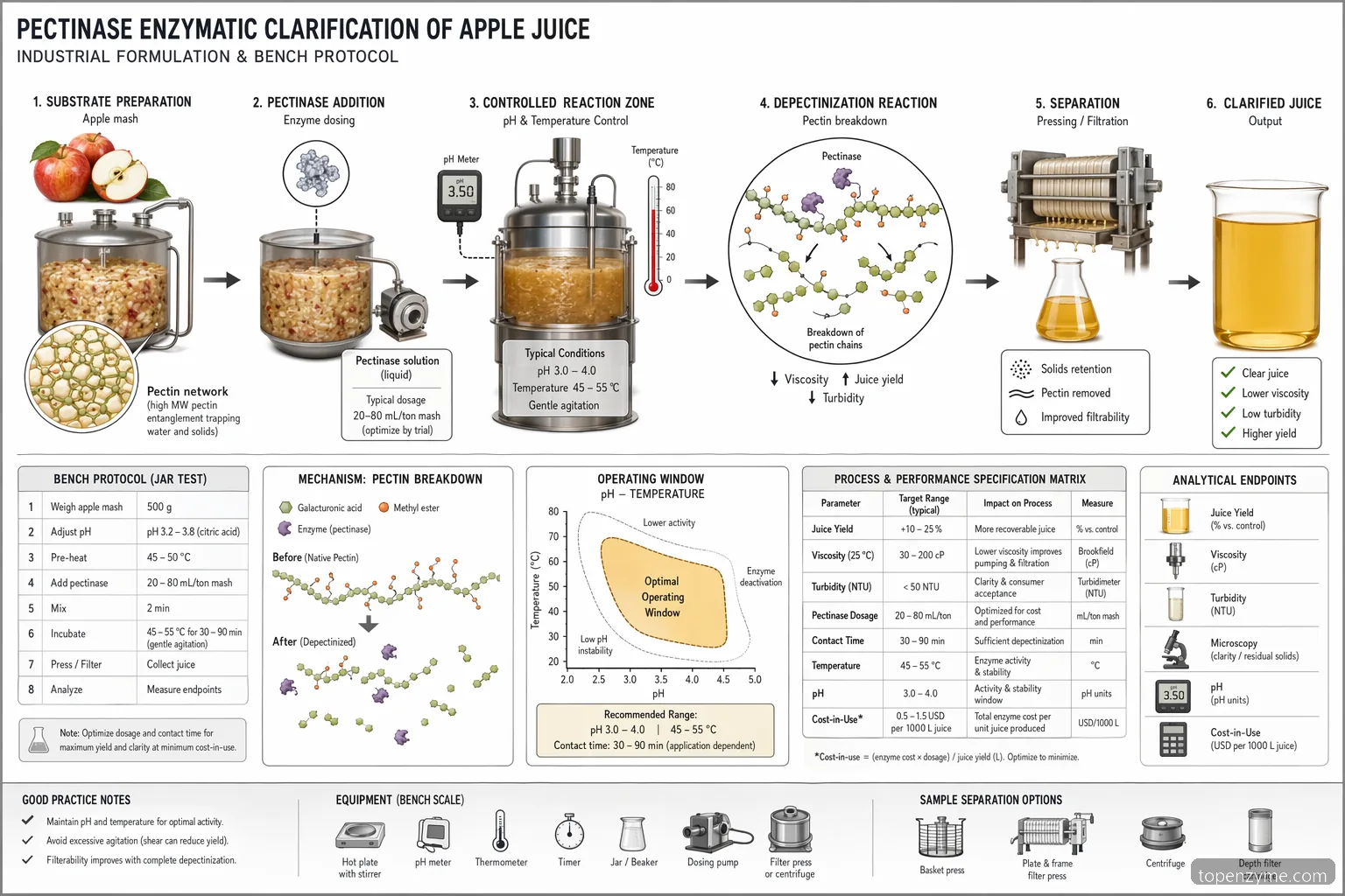 Diagramă de experiment cu pectinase în suc de mere, arătând dozarea enzimei în pulpă, depectinizare, presare și analiză